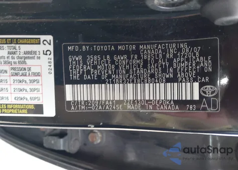 2008 Toyota Corolla Ce из США, поврежденный, VIN 2T1BR32EX8C880408